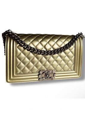 Chanel Old Medium Boy Flap Metallic Gold Patent Gunmetal HW Series 19 2014